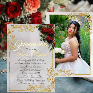 Rosen, Foto & Goldrahmen - Pearl Quinceanera Folieneinladung