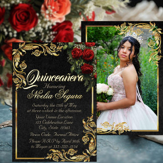 Rosen, Foto & Goldrahmen - Schwarze Quinceanera Folieneinladung