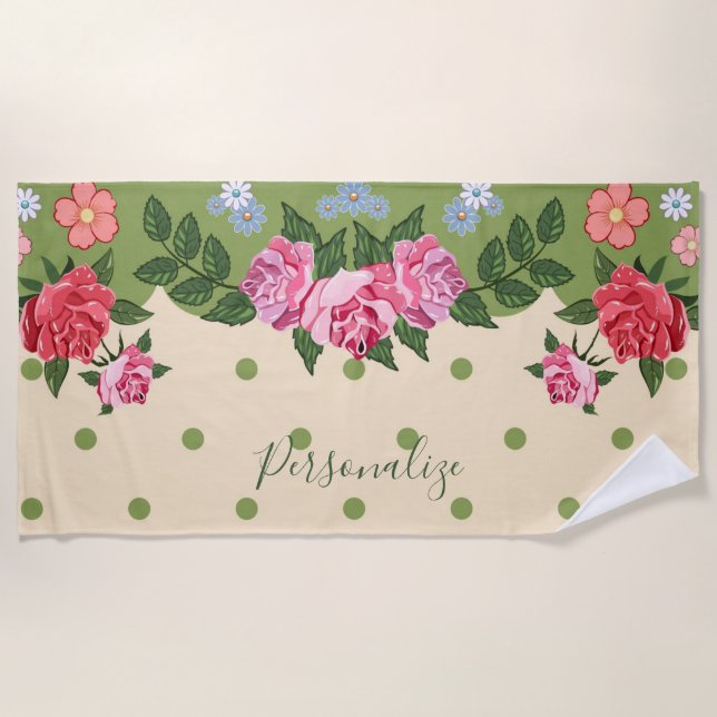 Rosen Garden Rot Rosa Grün Personalisiert Strandtuch (Vorderseite)