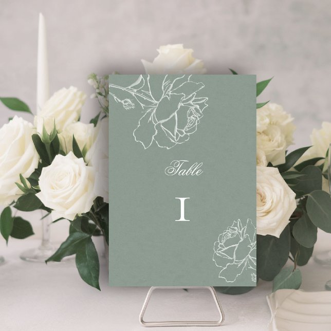 Rosen Gelübde Salbeigrün Moderne Klassische Formel Tischnummer (sage green wedding theme table number modern classic white roses floral frame formal traditional)