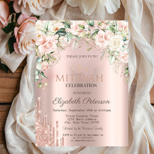Rosen Glitter Tropfen Roségold Bat Mitzvah  Einladung