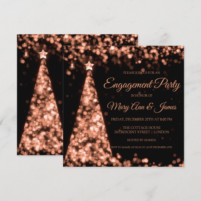 Rosen Gold Black Christmas Engagement Party Einladung (Vorne/Hinten)