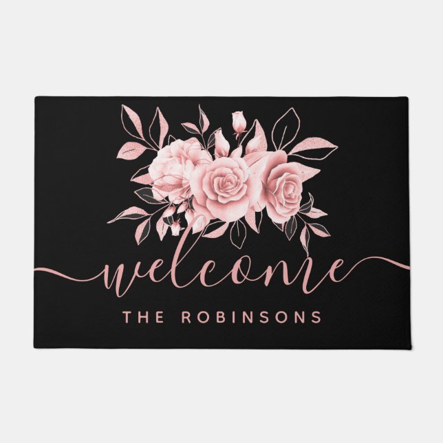 Rosen Gold Black Floral Name  Fußmatte (Vorderseite)