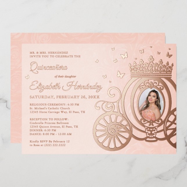 Rosen Gold Blink Rosa Quinceanera Princess Foto Folieneinladung (Vorderseite/Rückseite)