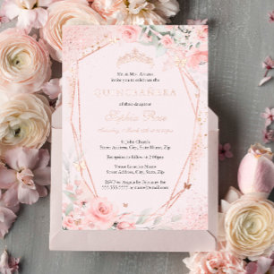 Rosen Gold Blues Rosa Schmetterling Quinceanera Folieneinladung
