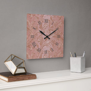 Rosen-Gold-Blumenmuster Quadratische Wanduhr