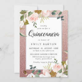 Rosen Gold Blush Glitzer Blumenmodern Quinceanera Einladung