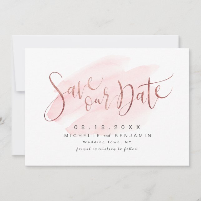 Rosen Gold Blush Modernes einfaches Skript Save th The Date (Vorderseite)