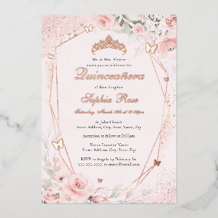 Rosen Gold Blush Pink Butterfly Bläserne Quinceane Folieneinladung