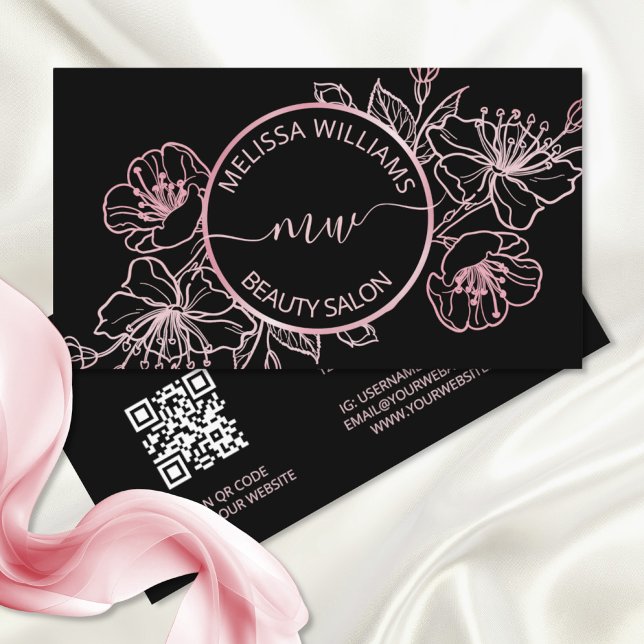 Rosen Gold Blush Pink Schwarze Blüte | QR-Code Visitenkarte (Von Creator hochgeladen)