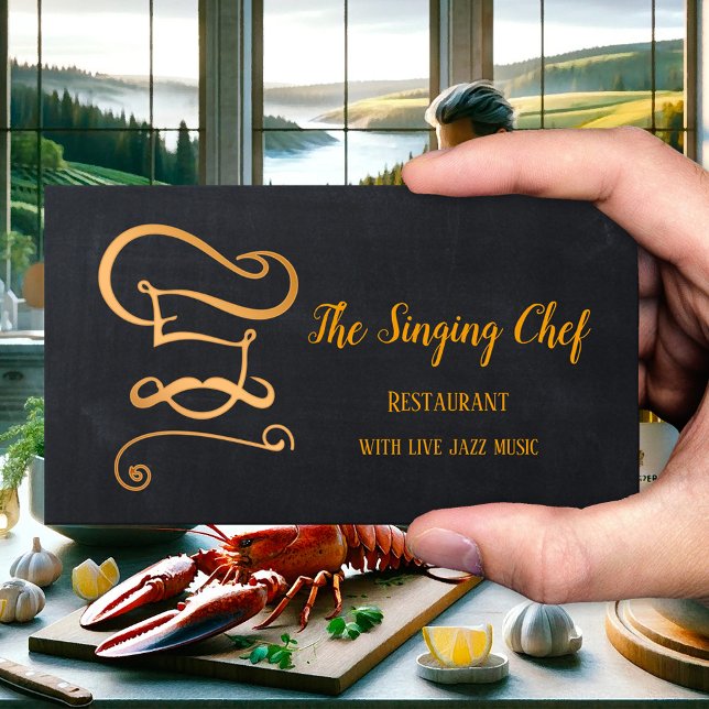 Rosen Gold Chalkboard Restaurant Business Card Visitenkarte (Business card featuring an elegant rose gold stylized chef design on a black chalkboard - restaurant)
