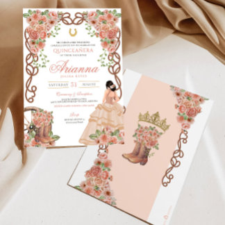 Rosen Gold Charra Western Style Floral Quinceñera Einladung