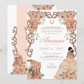 Rosen Gold Charra Western Style Floral Quinceñera Einladung