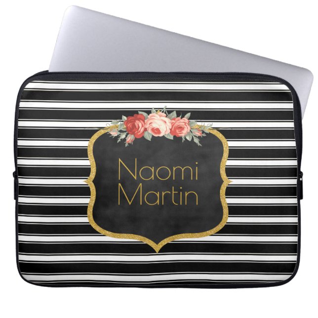 Rosen-Gold der modernes Monogramm-Schwarz-weißes Laptopschutzhülle (Vorderseite)
