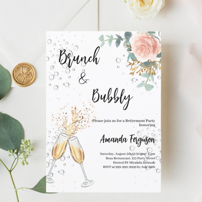 Rosen Gold Floral Brunch Bubbly Retirement Party Einladung (Von Creator hochgeladen)
