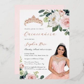 Rosen Gold Floral Foto Quinceanera Folieneinladung