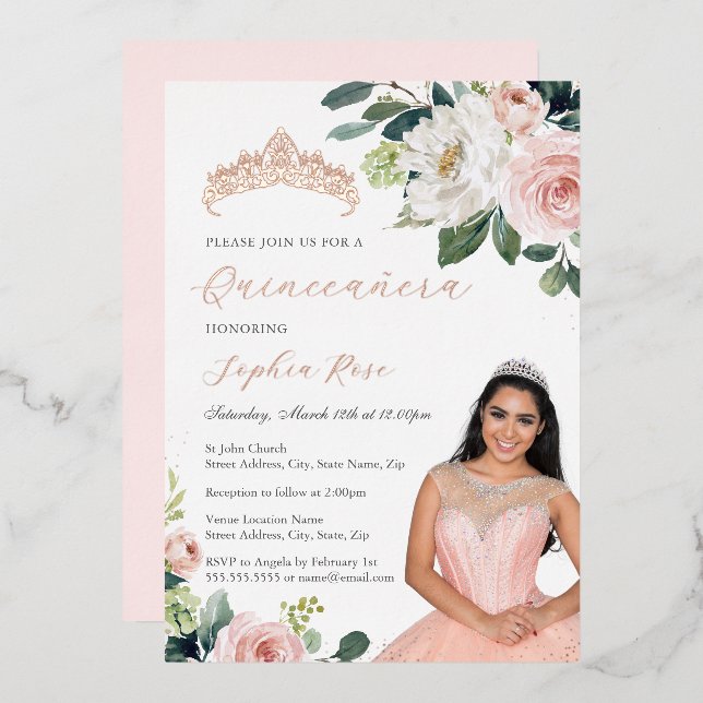 Rosen Gold Floral Foto Quinceanera Folieneinladung (Vorderseite/Rückseite)