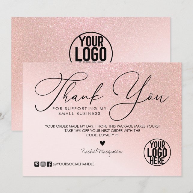 Rosen Gold Glitzer Blush Pink Kundengeschäft Dankeskarte (Vorne/Hinten)