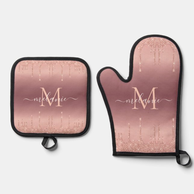 Rosen Gold Glitzer Name des benutzerdefinierten Sc Ofenhandschuh & Topflappen-Set (Vorderseite)