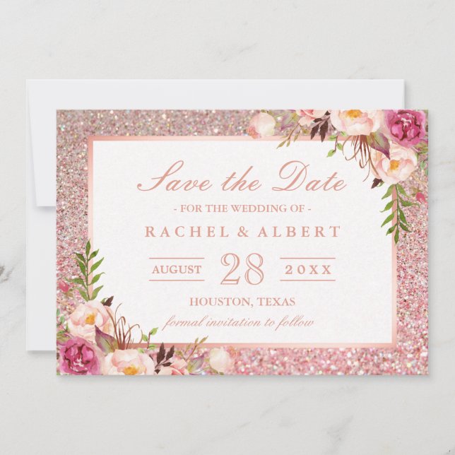 Rosen Gold Glitzer Rosa Floral Save the Date (Vorderseite)
