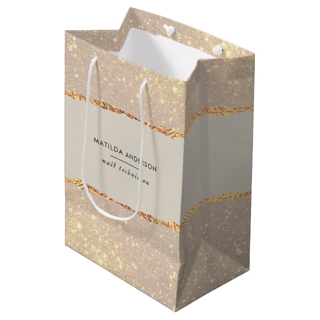 Rosen gold Glitzer rosa modernes, elegantes Budget Mittlere Geschenktüte (Vorderseite Schrägansicht)