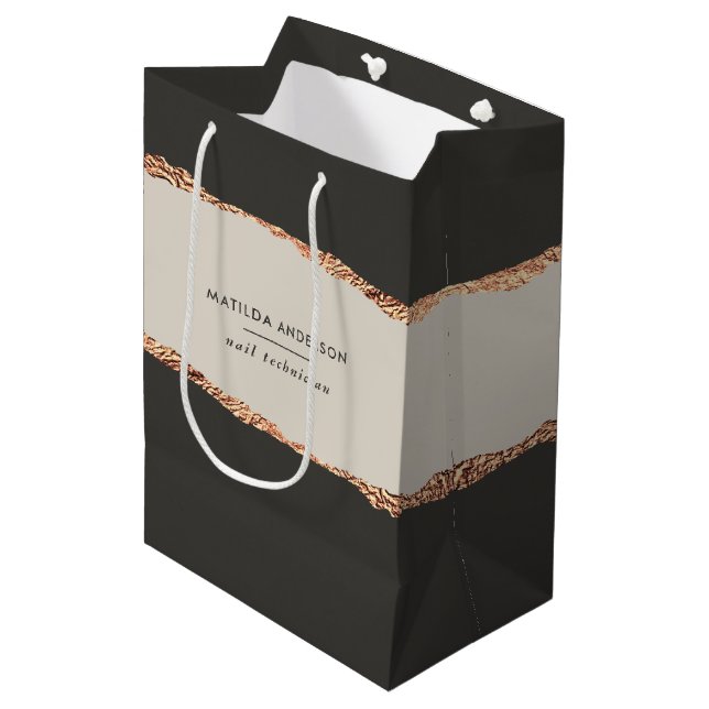 Rosen gold Glitzer Schwarz Modernes, elegantes Bud Mittlere Geschenktüte (Vorderseite Schrägansicht)