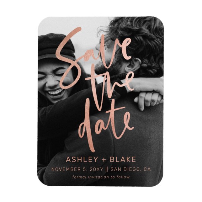 Rosen Gold Handgeschriebenes Foto Save the Date Magnet (Vertikal)