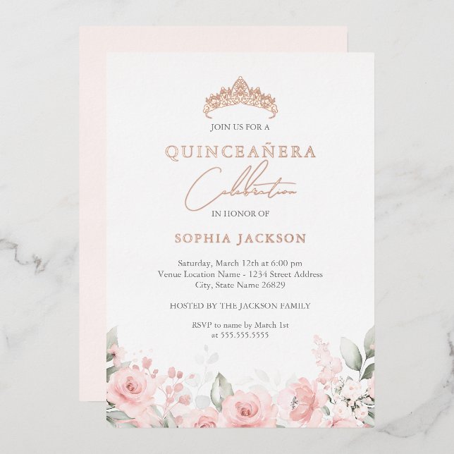 Rosen Gold Pink Aquarellfarben Quinceanera Folieneinladung (Vorderseite/Rückseite)