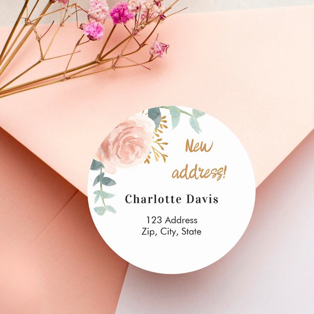 Rosen gold pink floral verschoben neue Adresse Runder Aufkleber (Von Creator hochgeladen)