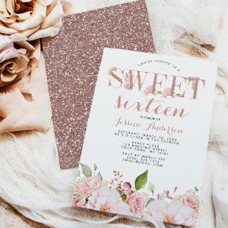 Rosen Gold Pink Glitzer Floral 16 . Geburtstag Einladung