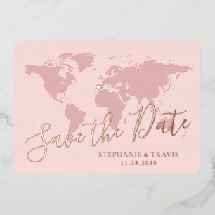 Rosen Gold Pink Weltkarte Save the Date Folieneinladung