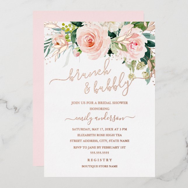 Rosen Gold Rosa Blütenbrunch und Bubbly Folieneinladung (Vorderseite/Rückseite)