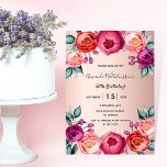 Rosen gold Rosa lila Blumengeburtstag Einladung<br><div class="desc">Eine elegante Einladungskarte für eine 50. Geburtstagsparty (oder jedes Alter). Mit zeitgenössischem Rosa,  lila und in Rose goldfarbenen Blume,  Blumen als Dekoration. Eine schicke Rose goldener Farbverlauf Hintergrund. Der Name wird mit einem schwarzen handgeschriebenen Stilskript geschrieben.</div>