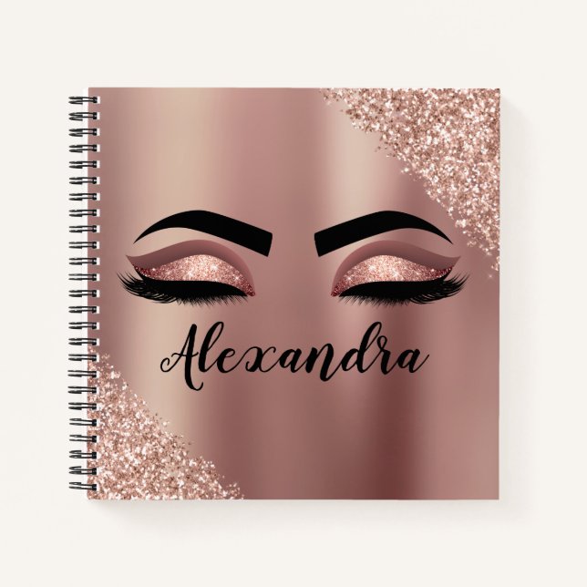 Rosen Gold Rosa Monogram Glitzer Eyelashes Notizbuch (Vorderseite)