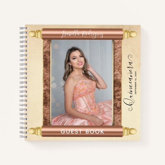Rosen Gold Scroll Foto Budget Quinceñera Gast Notizbuch (Vorderseite)