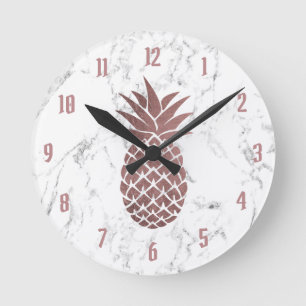 Rosen-Goldananas-Logo-moderner weißer Marmor Runde Wanduhr