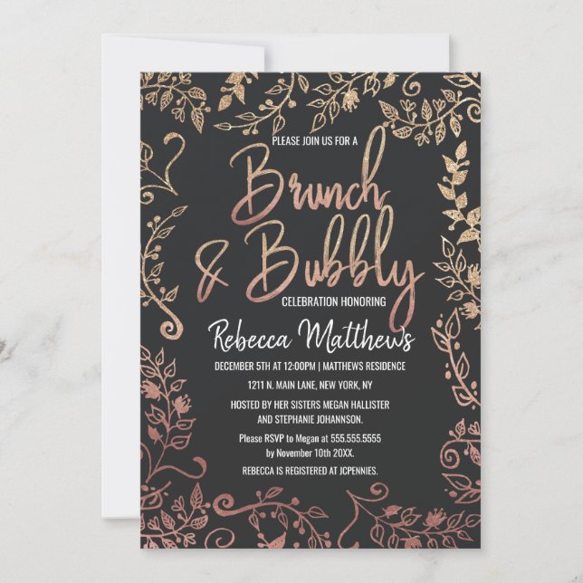 Rosen-GoldblumengoldGlitzer Ombre Brunch sprudelnd Einladung (Vorderseite)