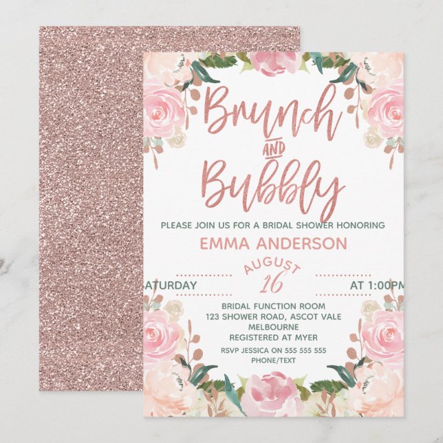Rosen-Goldbrunch-sprudelnde Blumenbrauteinladung Einladung (Vorne/Hinten)