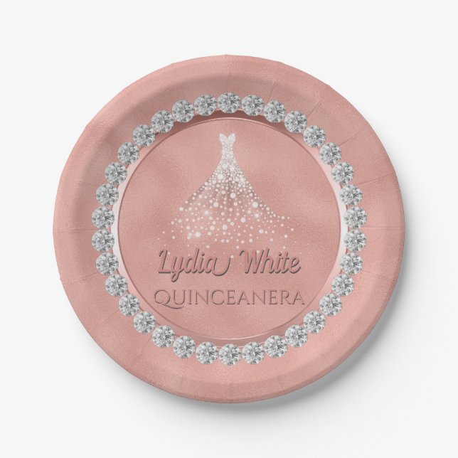Rosen-Golddiamant-Schein-Kleid Quinceanera Pappteller (Vorderseite)