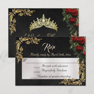 Rosen & Goldene Blätter - Schwarze RSVP Karte