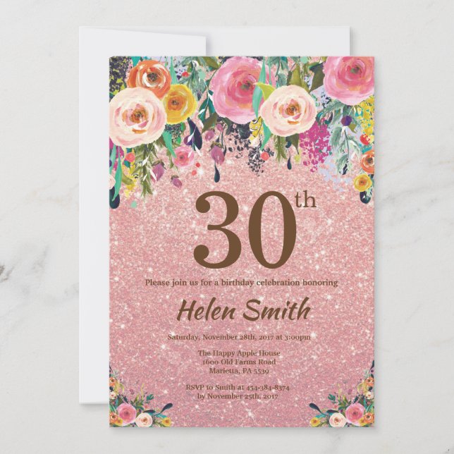 Rosen-GoldGlitzer-Rosa-Blumen30. Geburtstag Einladung (Vorderseite)