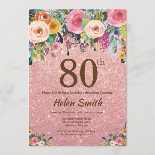 Rosen-GoldGlitzer-Rosa-Blumen80. Geburtstag Einladung