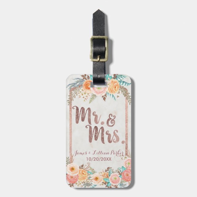 Rosen-Goldherr und Frau Floral Monogram Wedding Gepäckanhänger (Vorderseite vertikal)