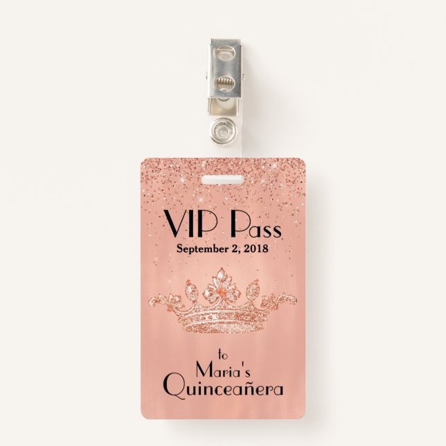 Rosen-Goldkrone Quinceañera VIP Abzeichen Ausweis (Vorderseite mit Klammer)
