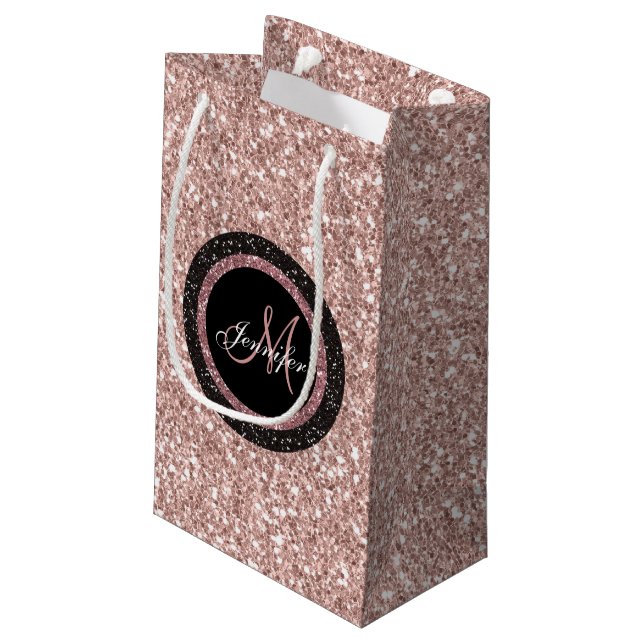 Rosen-Goldrosa-Glitzer-Monogramm-Namen-Girly Party Kleine Geschenktüte (Rückseite Schrägansicht)
