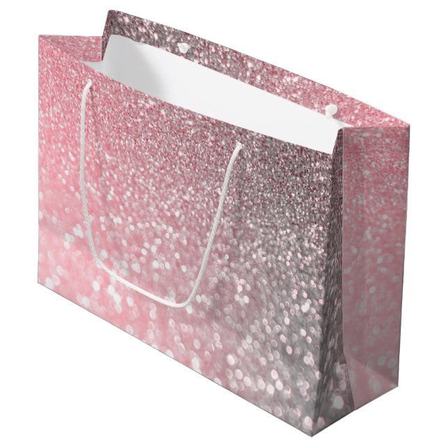 Rosen-Goldrosa-Schein-Trendy LuxusGlitzer Große Geschenktüte (Vorderseite Schrägansicht)
