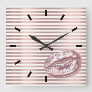 Rosen-GoldSchwarz-weiße Kuss-Lippenstreifen-Linien Quadratische Wanduhr