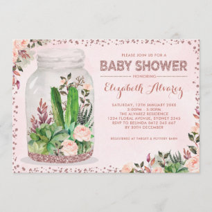 Rosen-Goldterrarium-Baby-Duschen-Kaktus-Rosa mit Einladung