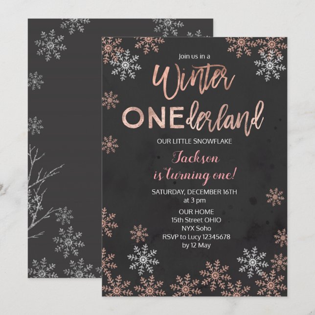 Rosen-Goldwinter Onederland erster Geburtstag Einladung (Vorne/Hinten)