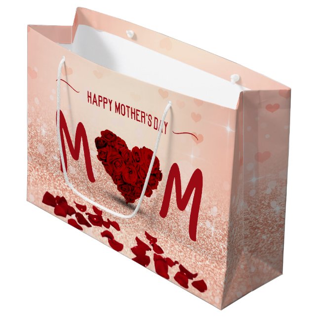Rosen-Herz-Blumenstrauß der Mutter Tages- große Geschenktüte (Vorderseite Schrägansicht)